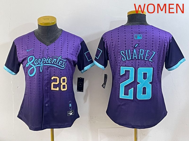 Women 2025 Arizona Diamondback 28 Suarez Purple Joint Name Nike MLB Jersey style 4